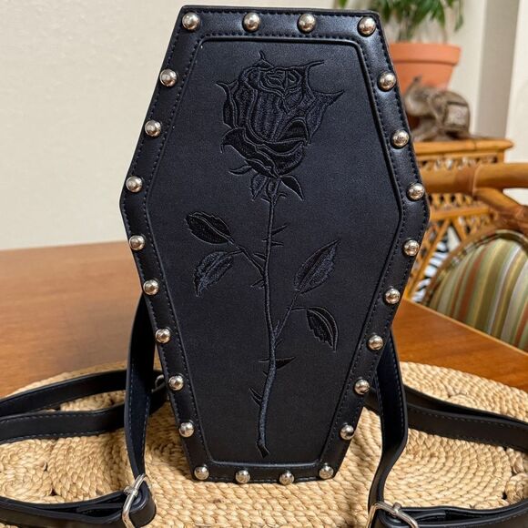 NWOT Dolls Kill Widow Vegan Leather ROSE RESURRECTION COFFIN BACKPACK Black main image 12